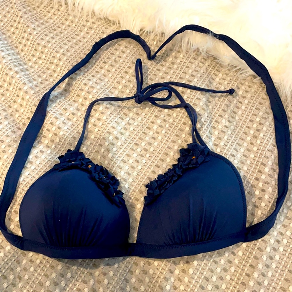 Navy Blue bikini triangle top w neck & back tie. Good used condition. *2